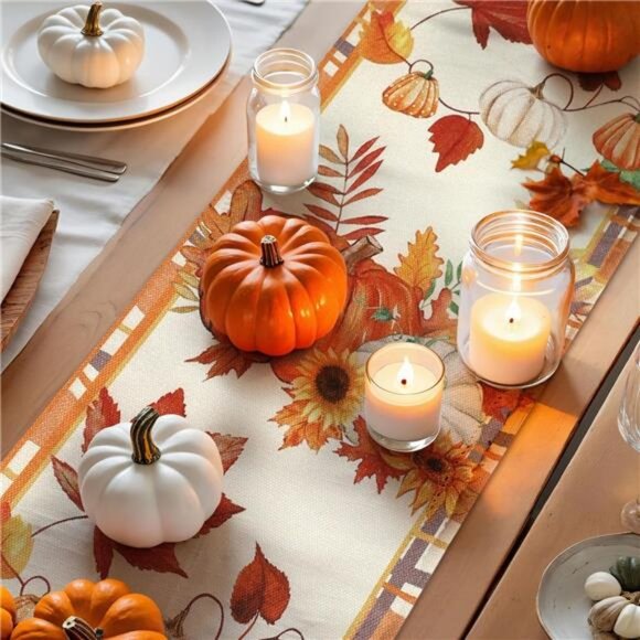 Fall Table Runner, Plaid Pumpkin Maple Leaves Table Runners for Autumn Harvest - Picture 4 of 7